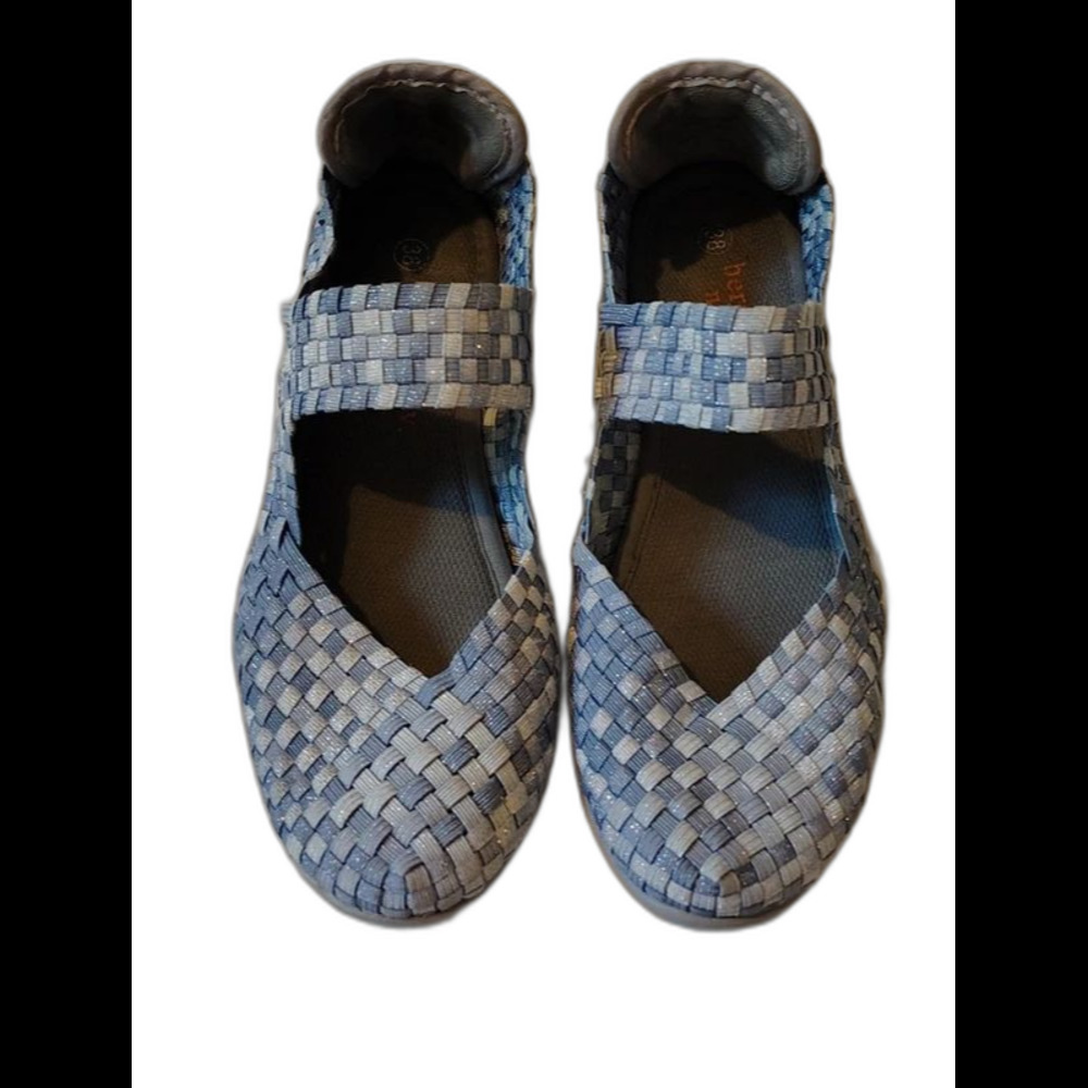 Bernie Mev New York Woven Elastic Mary Jane Flats Blue Shimmer Size 38 US 7.5-8